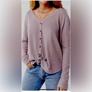 UO Out from Under Jojo Oversized Waffle Knit Thermal Top Button Front